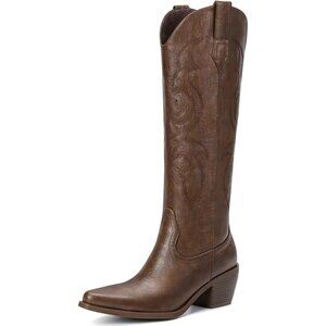 Women Brown Polyurethane Classic Embroidery Side Zipper Knee High Western Boots